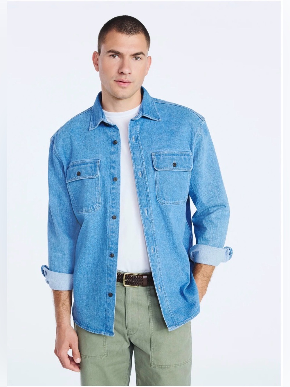 Free Assembly Light Wash Heavyweight Button Down Denim Long Sleeve Overshirt